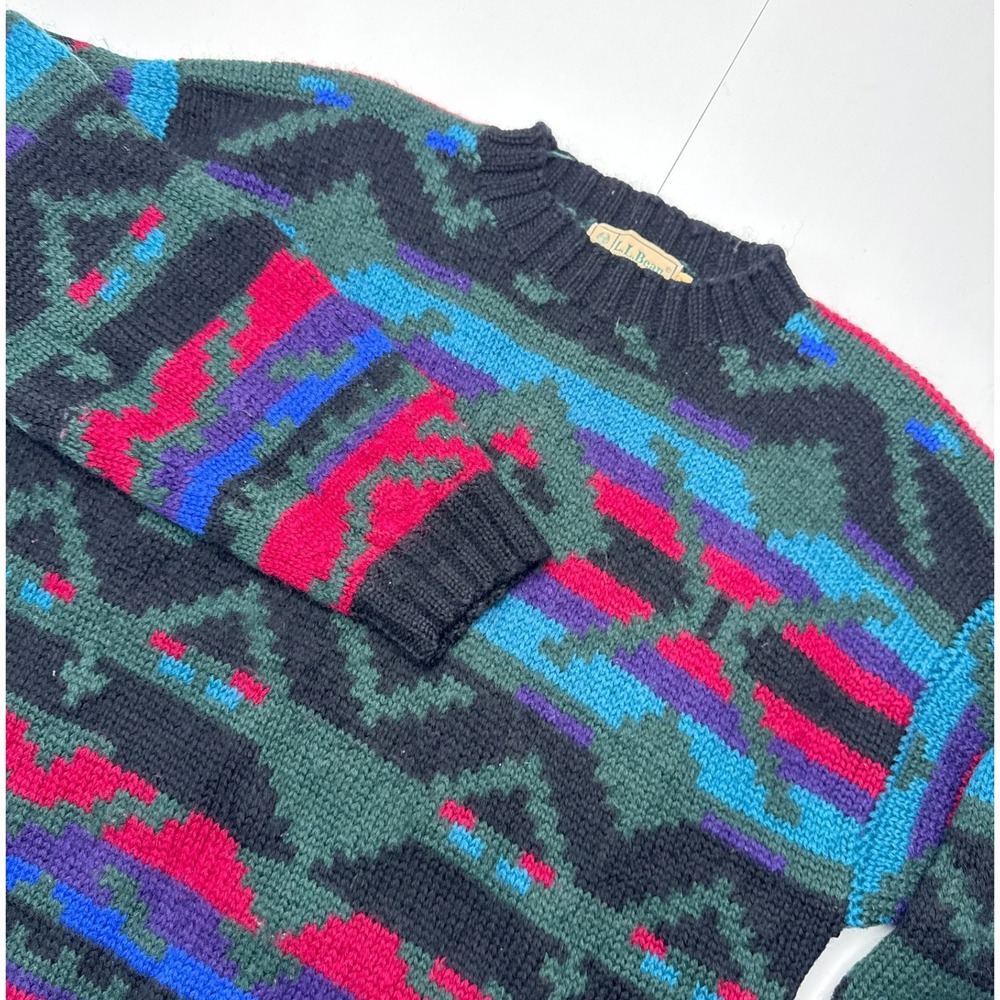 Vintage LL Bean Wool Sweater XL Mens Black Geometric Aztec Knit Crew Neck